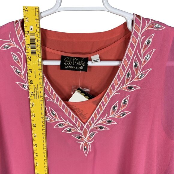 Bob Mackie NWT L Pink Embroidered Chiffon Tunic Embellished Top 3/4 Sleeve Artsy - Picture 11 of 16